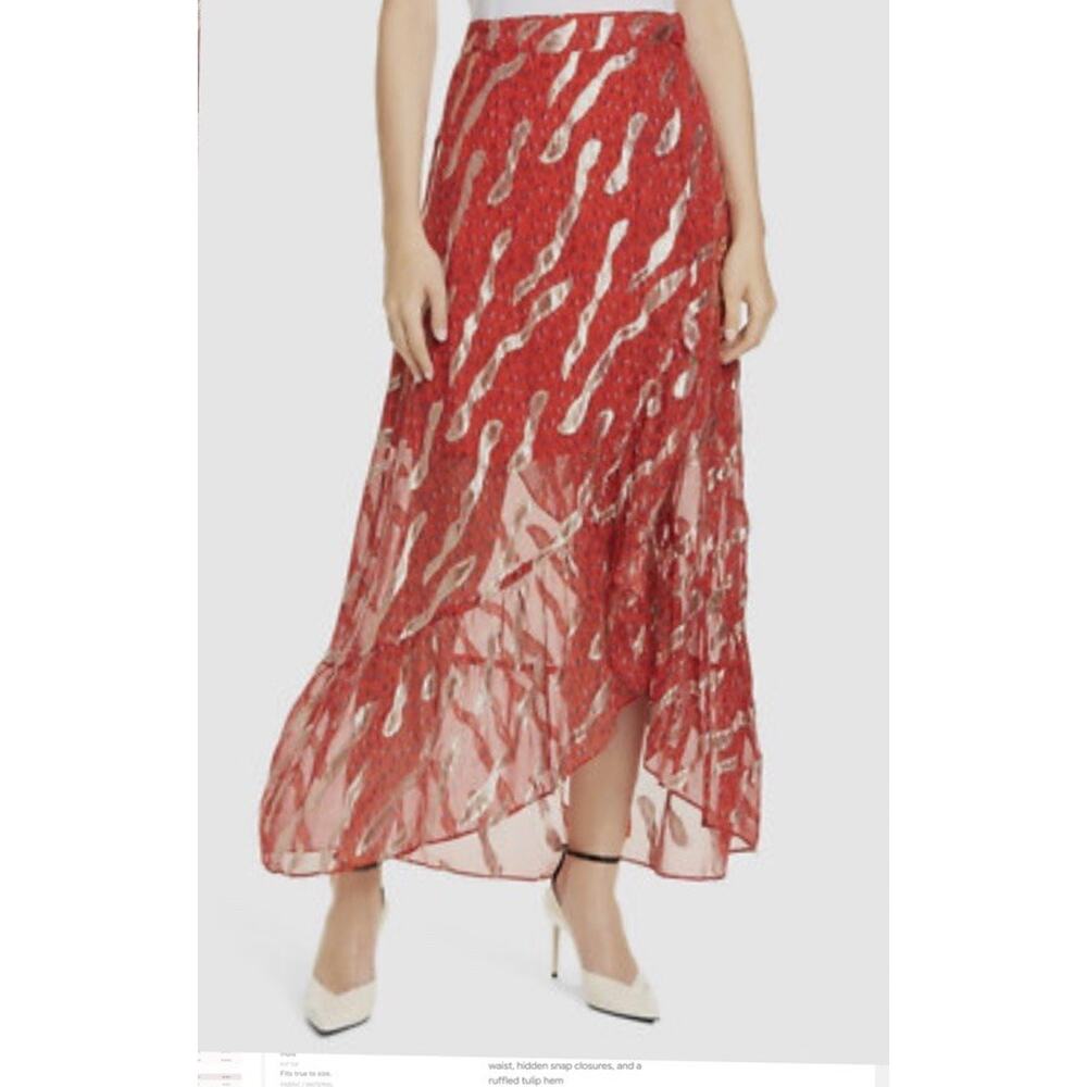 BA&SH Women's Red Metallic Print SilkWrap Chiffon Silk Skirt Size S